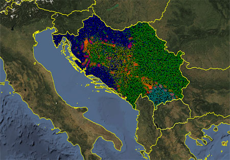 Регионы в Югославии, которым угрожали межэтнические конфликты (красный цвет). Предсказания модели, основанной на популяционном распределении этнических групп в 1991 г. Карта с сайта www.necsi.org